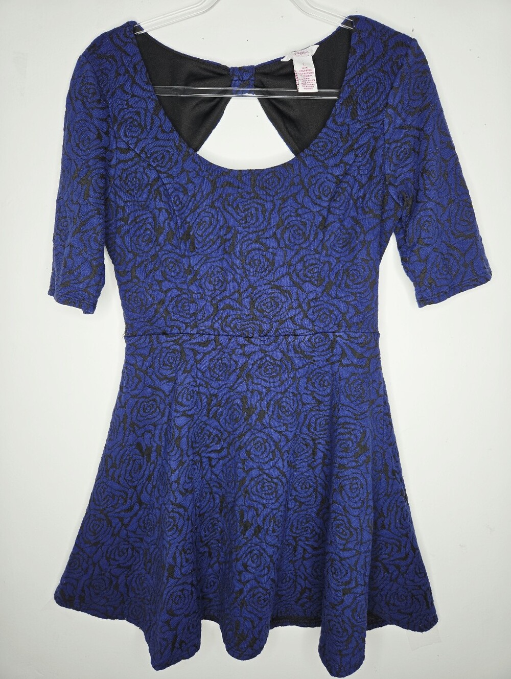 Vintage Candies Skater Dress Size L Juniors Blue Black Roses Cutout Back